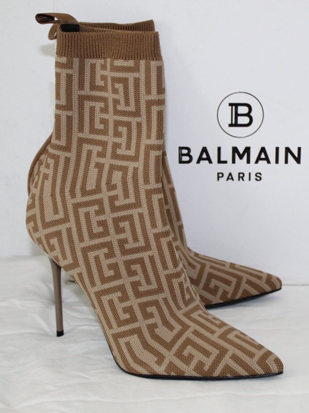 Balmain Sky Monogram Jacquard Sock Boots Booties Heels Pointed Toe 39